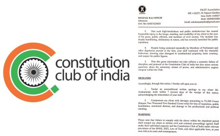Legal Storm Erupts Over Alleged Humiliation of Leader at Constitution Club; ₹2,500 Crore Notice Demands Apology, Administrator